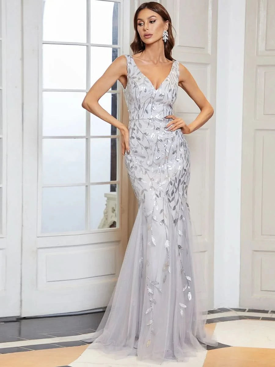 Color=Sliver | Aermelloses Meerjungfrau Abendkleid Mit Doppeltem V-Ausschnitt 07886-Sliver 1
