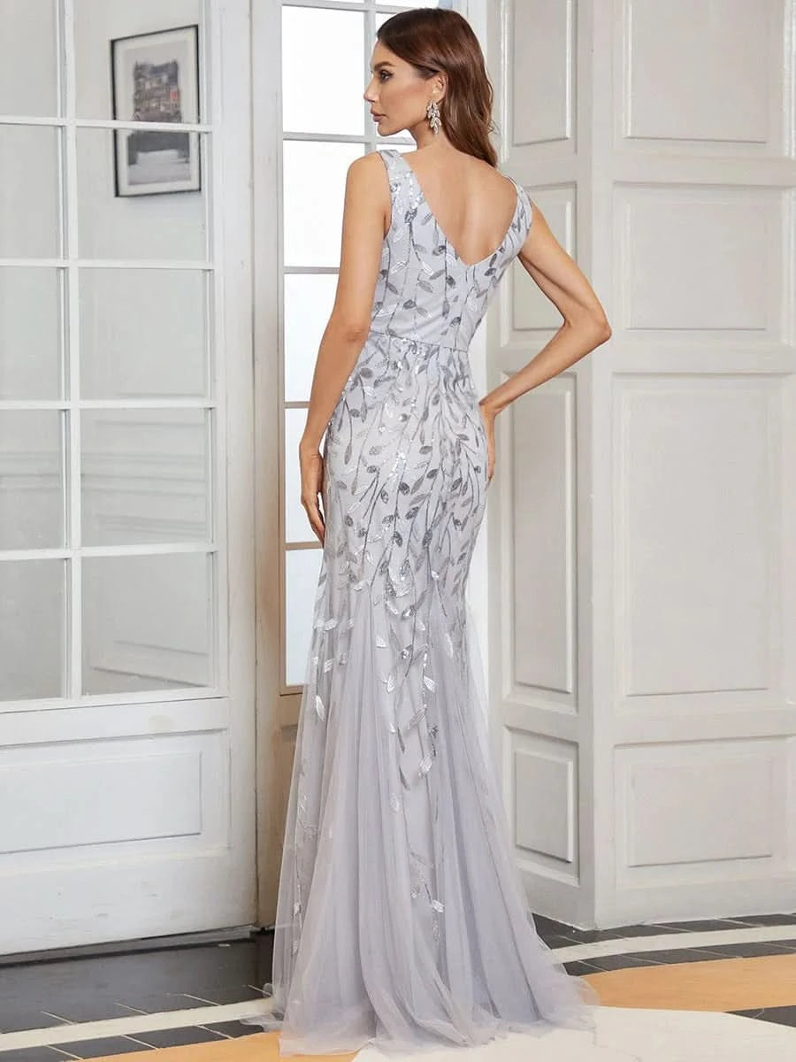 Color=Sliver | Aermelloses Meerjungfrau Abendkleid Mit Doppeltem V-Ausschnitt 07886-Sliver 4