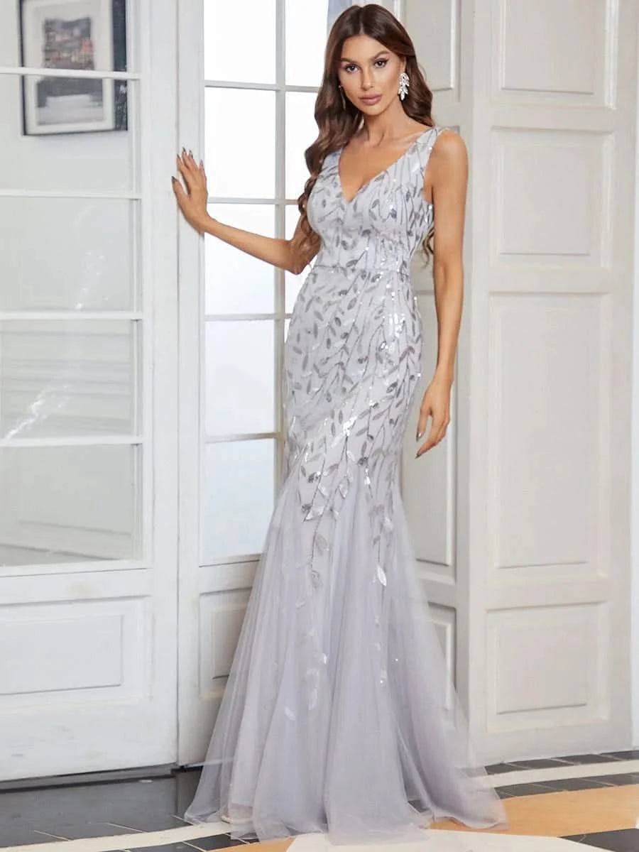 Color=Sliver | Aermelloses Meerjungfrau Abendkleid Mit Doppeltem V-Ausschnitt 07886-Sliver 2