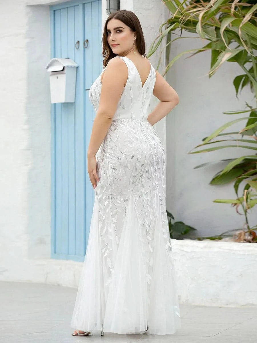 Color=Weiss | Aermelloses Meerjungfrau Abendkleid Mit Doppeltem V-Ausschnitt 07886-Weiss 5