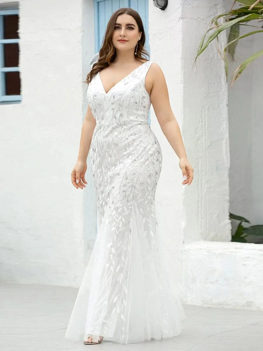 Color=Weiss | Aermelloses Meerjungfrau Abendkleid Mit Doppeltem V-Ausschnitt 07886-Weiss 4