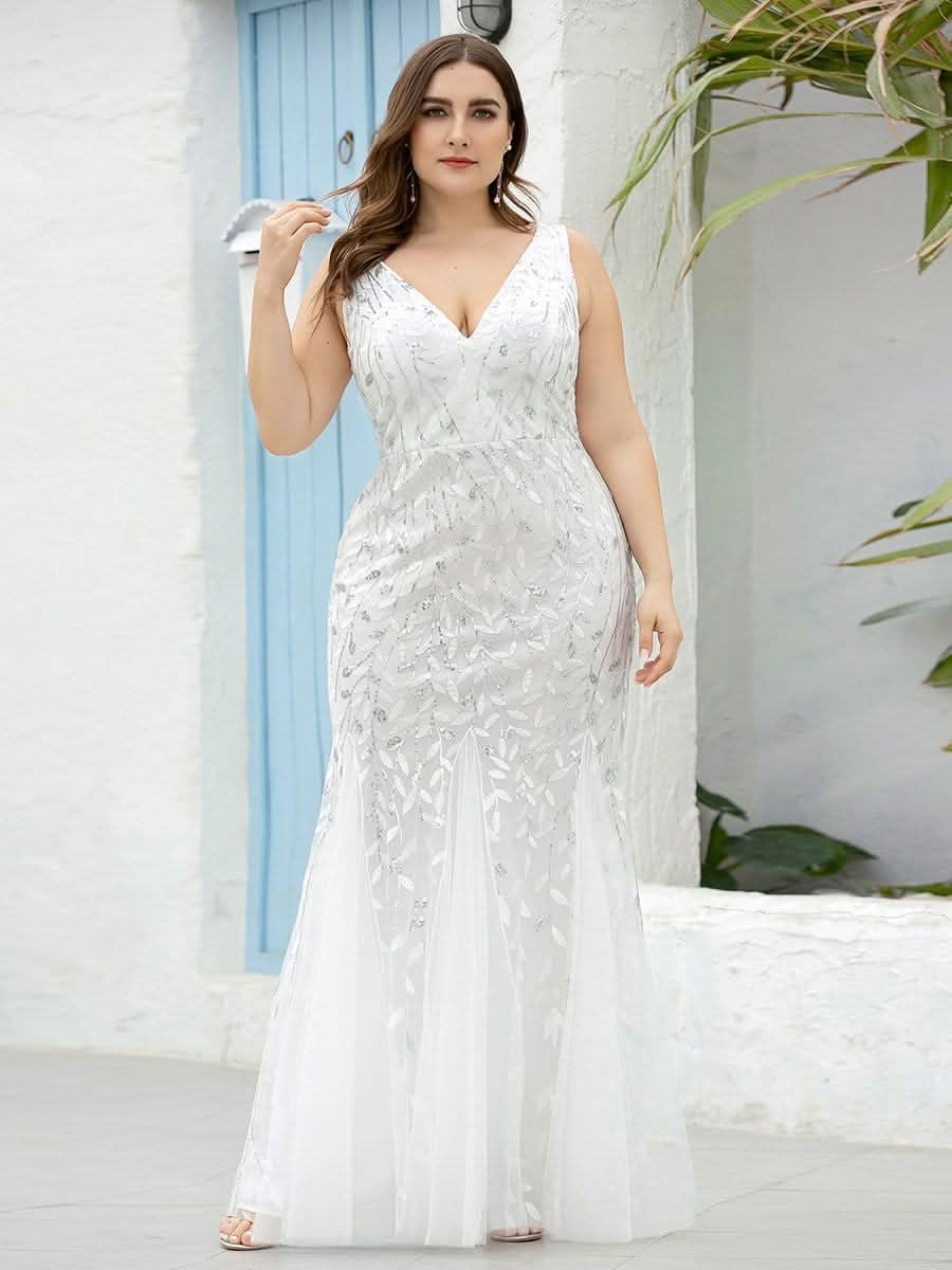Plus Size Aermelloses Meerjungfrau Abendkleid mit doppeltem V-Ausschnitt 07886 #farbe_Weiss