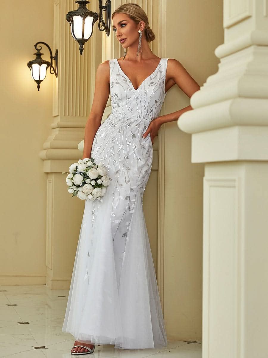 Color=Weiss | Aermelloses Meerjungfrau Abendkleid Mit Doppeltem V-Ausschnitt 07886-Weiss 3 Color=Weiss | Aermelloses Meerjungfrau Abendkleid Mit Doppeltem V-Ausschnitt 07886-Weiss 3