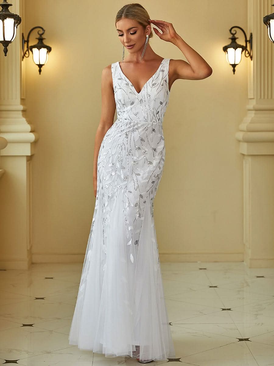Color=Weiss | Aermelloses Meerjungfrau Abendkleid Mit Doppeltem V-Ausschnitt 07886-Weiss 4 Color=Weiss | Aermelloses Meerjungfrau Abendkleid Mit Doppeltem V-Ausschnitt 07886-Weiss 4