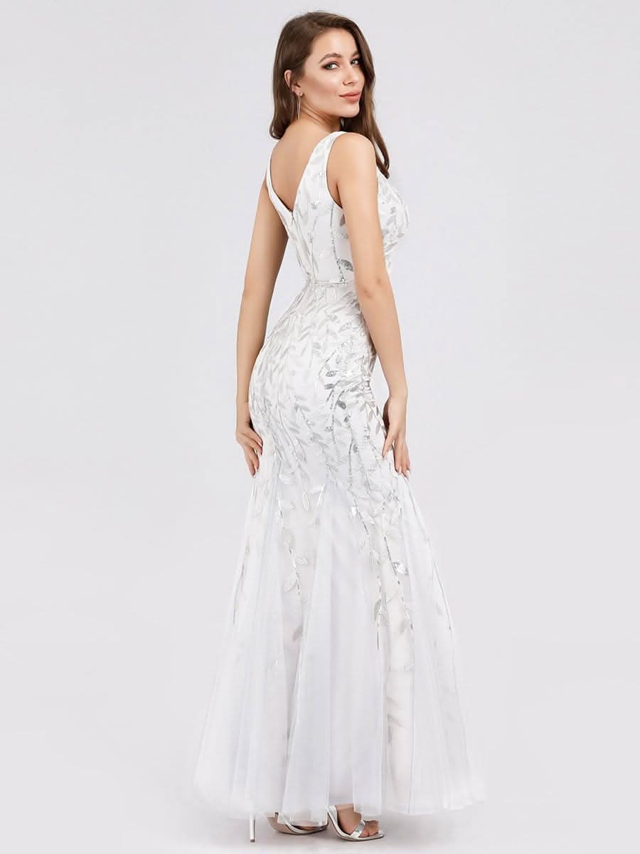 Color=Weiss | Aermelloses Meerjungfrau Abendkleid Mit Doppeltem V-Ausschnitt 07886-Weiss 10 Color=Weiss | Aermelloses Meerjungfrau Abendkleid Mit Doppeltem V-Ausschnitt 07886-Weiss 10