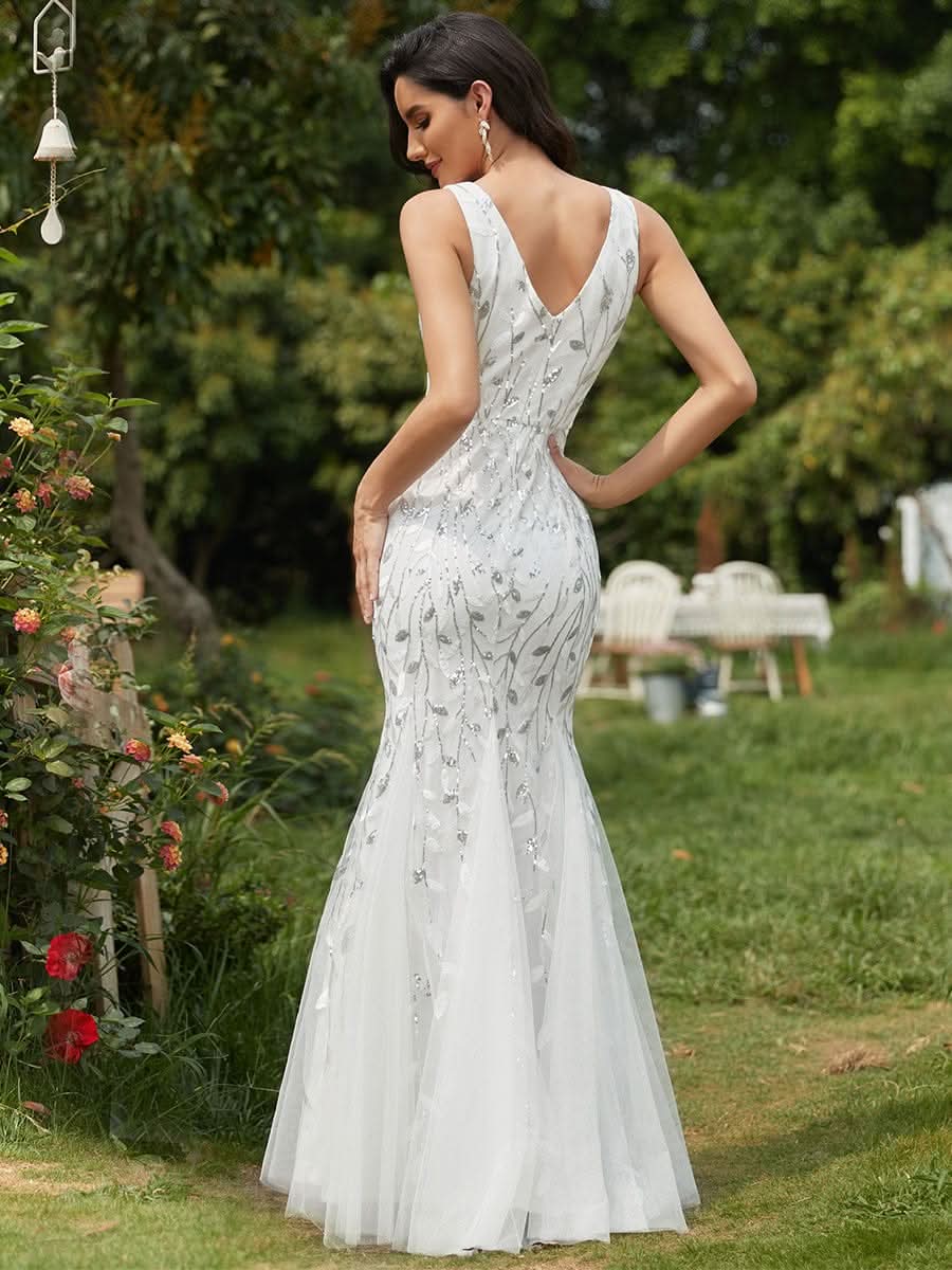 Color=Weiss | Aermelloses Meerjungfrau Abendkleid Mit Doppeltem V-Ausschnitt 07886-Weiss 2