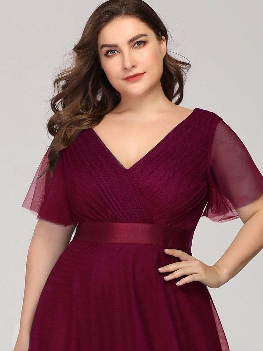 Plus Size V-Ausschnitt A-Linie Kurzarm Bodenlang Brautjungfernkleider #Farbe_Burgundy