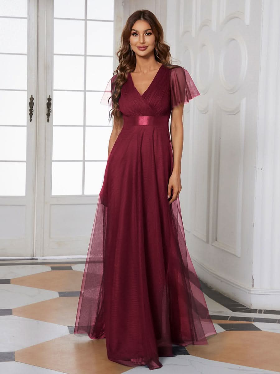 V-Ausschnitt A-Linie Kurzarm Bodenlang Brautjungfernkleider #Farbe_Burgundy