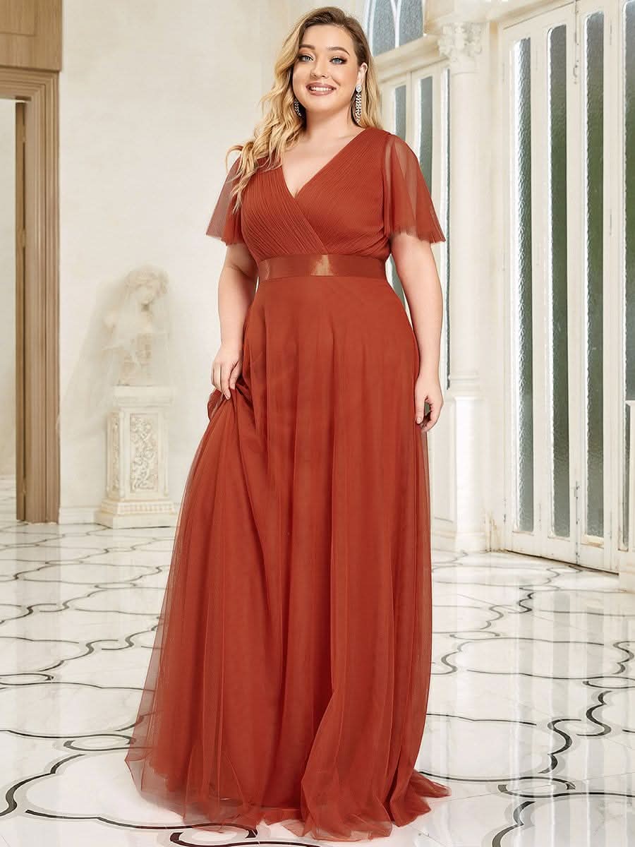 Plus Size V-Ausschnitt A-Linie Kurzarm Bodenlang Brautjungfernkleider #Farbe_Gebrannte Orange