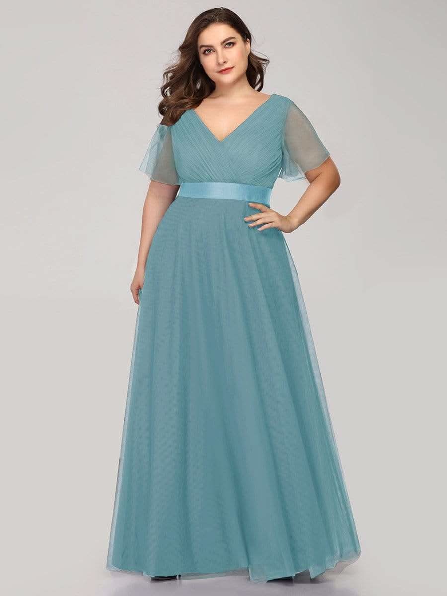 Plus Size V-Ausschnitt A-Linie Kurzarm Bodenlang Brautjungfernkleider #Farbe_Dusty Blau