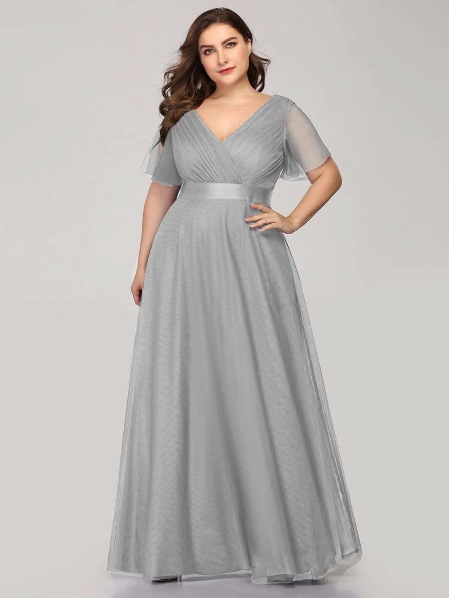 Plus Size V-Ausschnitt A-Linie Kurzarm Bodenlang Brautjungfernkleider #Farbe_Grau