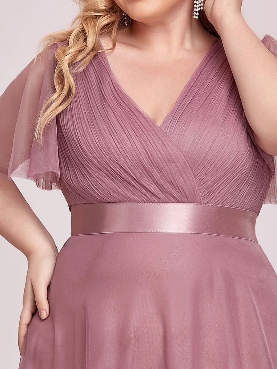 Plus Size V-Ausschnitt A-Linie Kurzarm Bodenlang Brautjungfernkleider #Farbe_Orchid