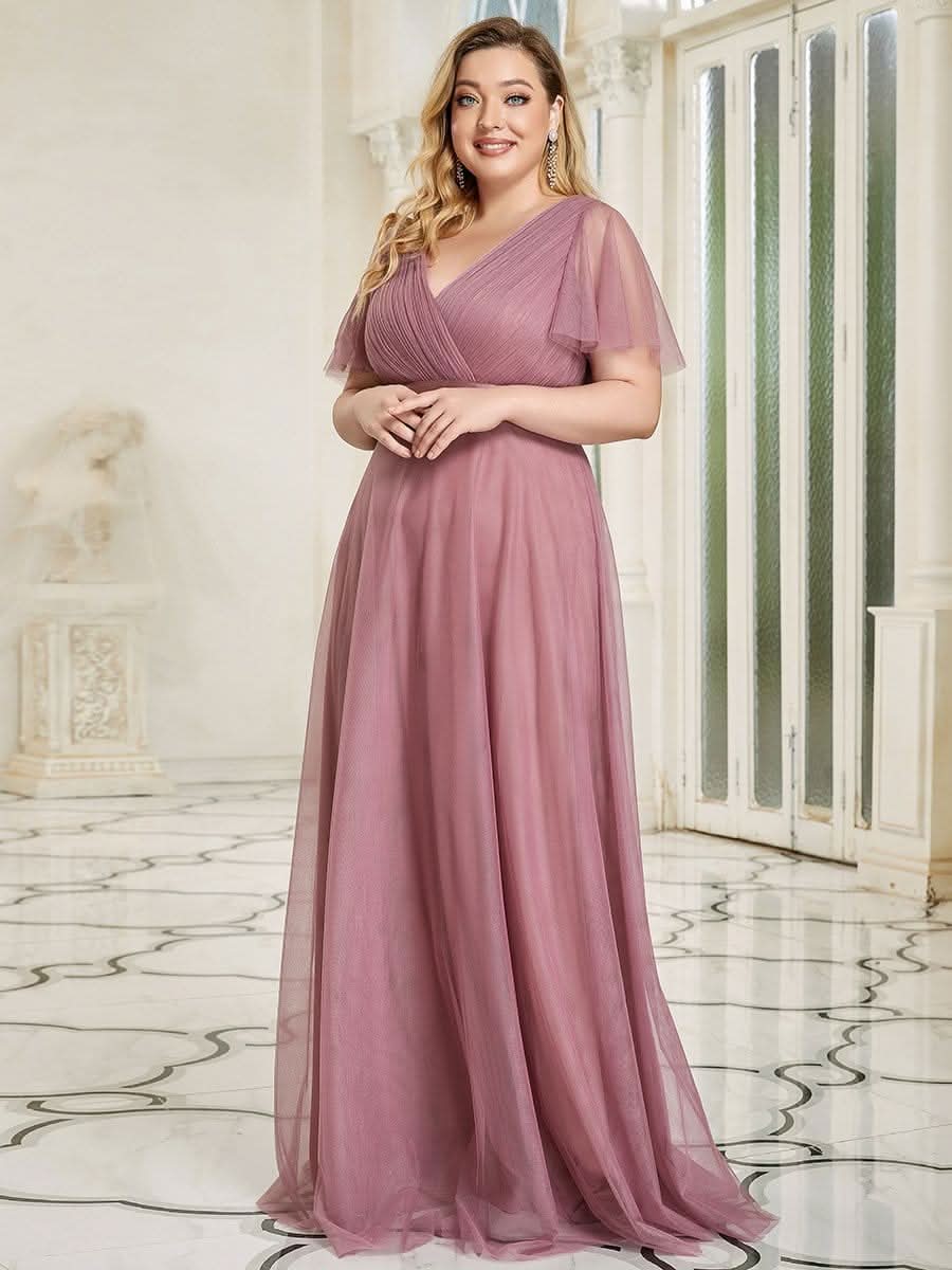 Plus Size V-Ausschnitt A-Linie Kurzarm Bodenlang Brautjungfernkleider #Farbe_Orchid