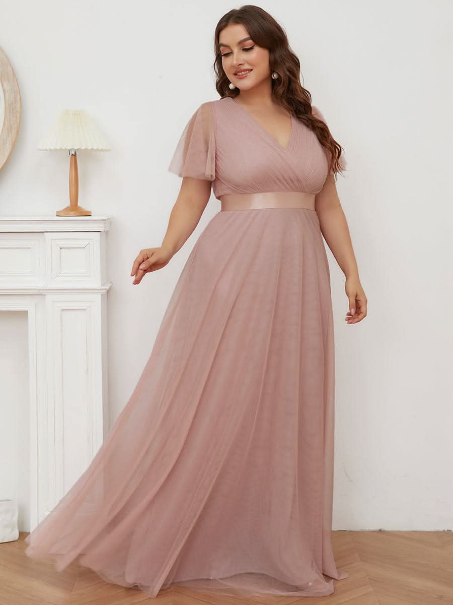 Plus Size V-Ausschnitt A-Linie Kurzarm Bodenlang Brautjungfernkleider #Farbe_Rosa