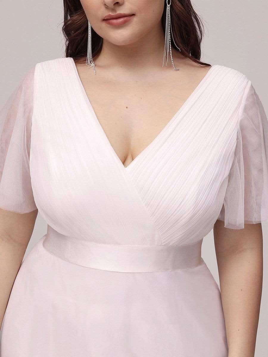 Plus Size V-Ausschnitt A-Linie Kurzarm Bodenlang Brautjungfernkleider #Farbe_Weiss