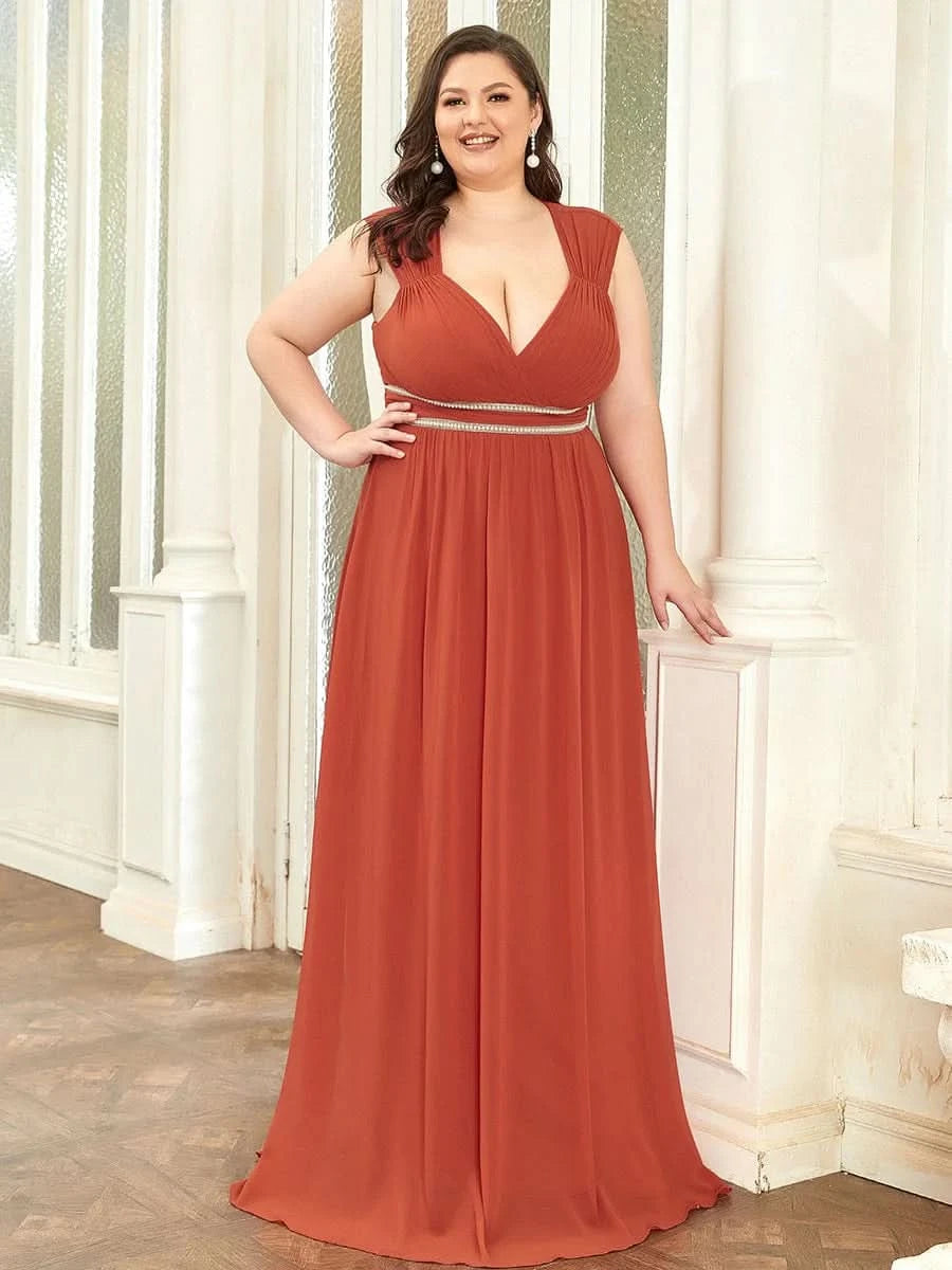 Größe Nach Maß Bodenlanges elegantes Brautjungfernkleid mit gerafftem V-Ausschnitt 08698