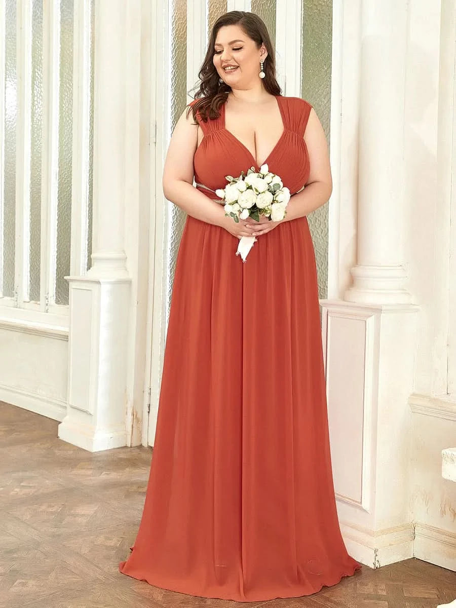 Größe Nach Maß Bodenlanges elegantes Brautjungfernkleid mit gerafftem V-Ausschnitt 08698
