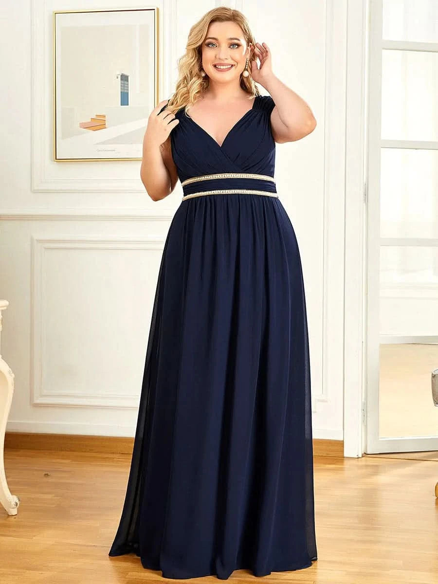 Größe Nach Maß Bodenlanges elegantes Brautjungfernkleid mit gerafftem V-Ausschnitt 08698