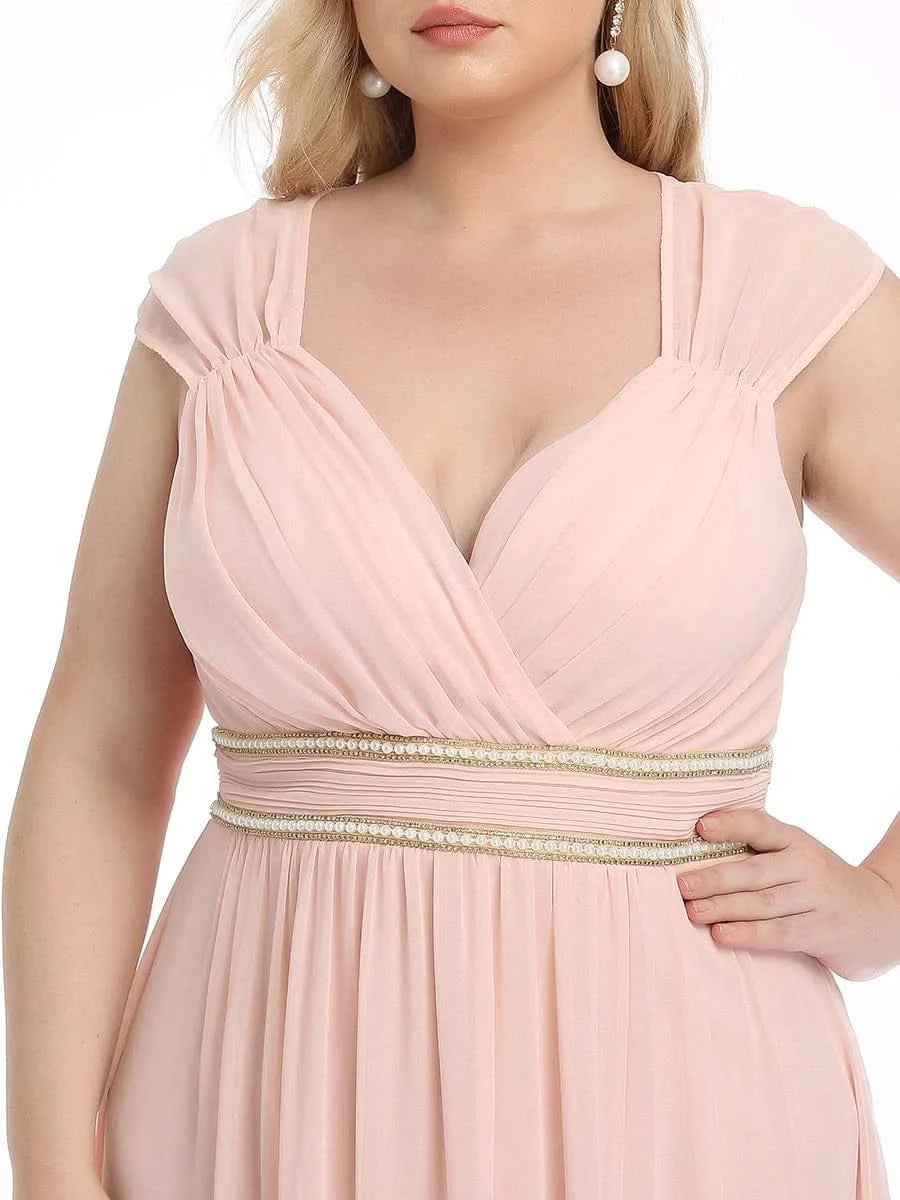 Größe Nach Maß Bodenlanges elegantes Brautjungfernkleid mit gerafftem V-Ausschnitt 08698