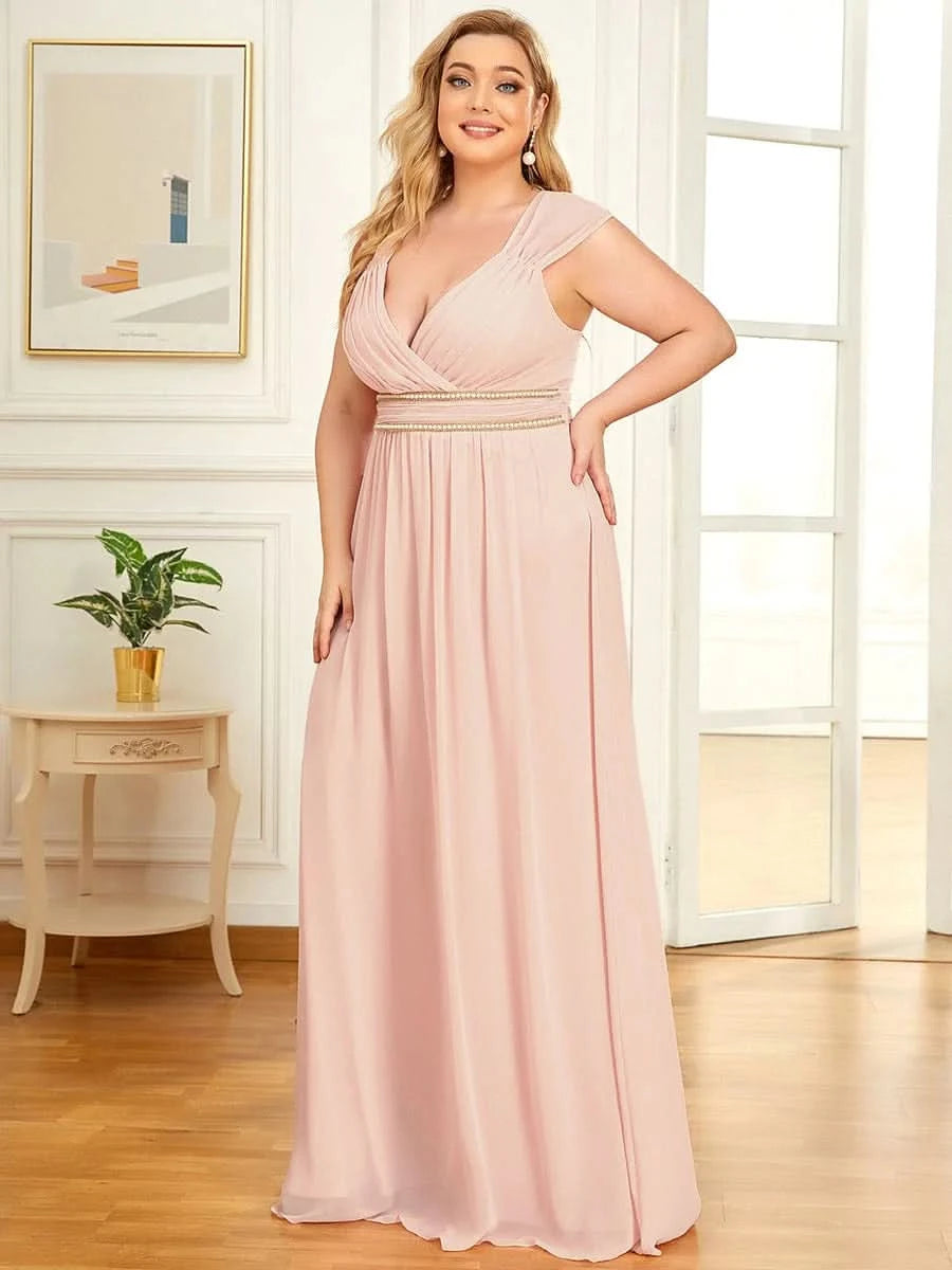 Größe Nach Maß Bodenlanges elegantes Brautjungfernkleid mit gerafftem V-Ausschnitt 08698
