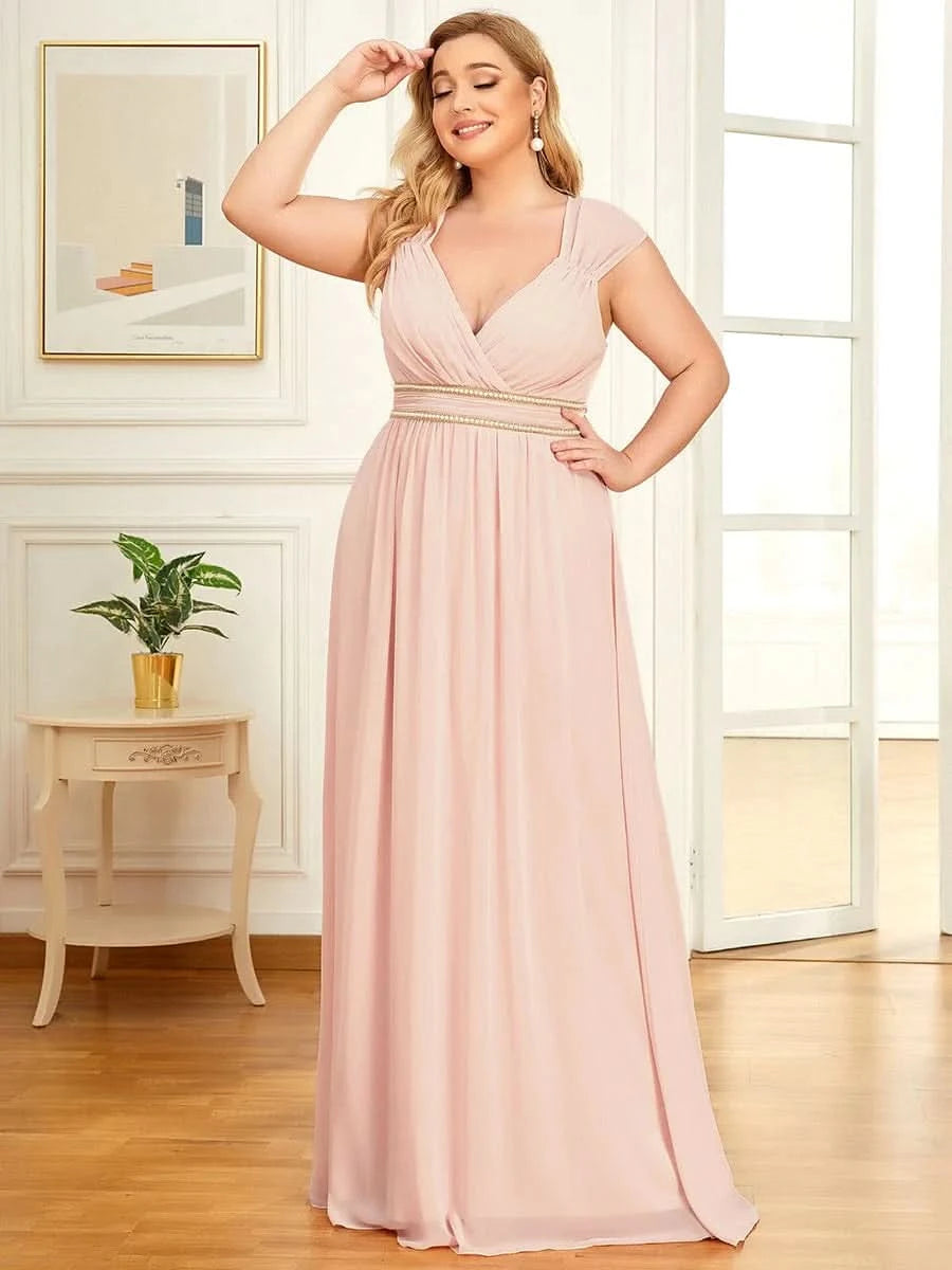 Größe Nach Maß Bodenlanges elegantes Brautjungfernkleid mit gerafftem V-Ausschnitt 08698
