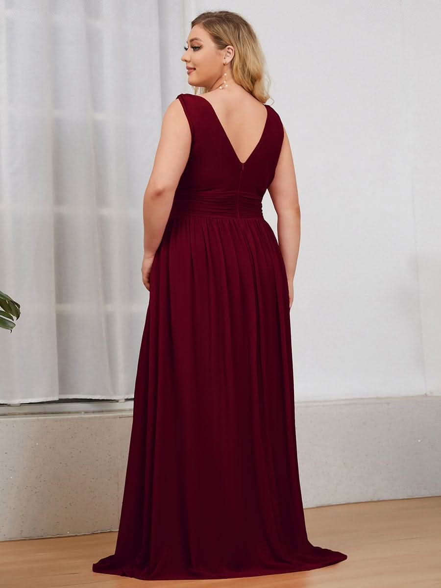 Plus Size V-Ausschnitt Lange Chiffon Abendkleider 09016 #farbe_Burgundy