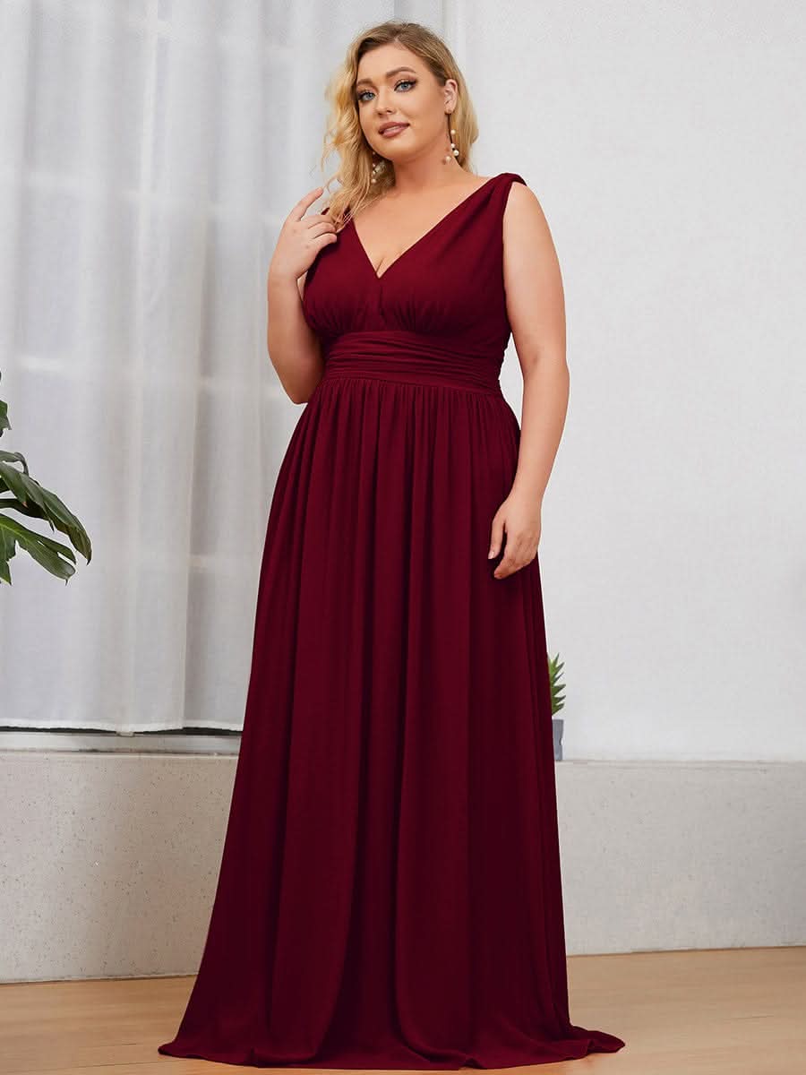 Plus Size V-Ausschnitt Lange Chiffon Abendkleider 09016 #farbe_Burgundy
