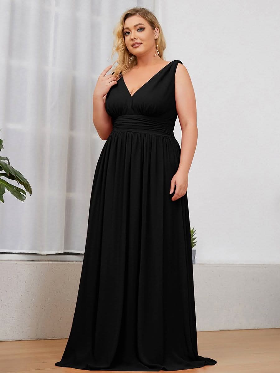 Plus Size V-Ausschnitt Lange Chiffon Abendkleider 09016 #farbe_Schwarz