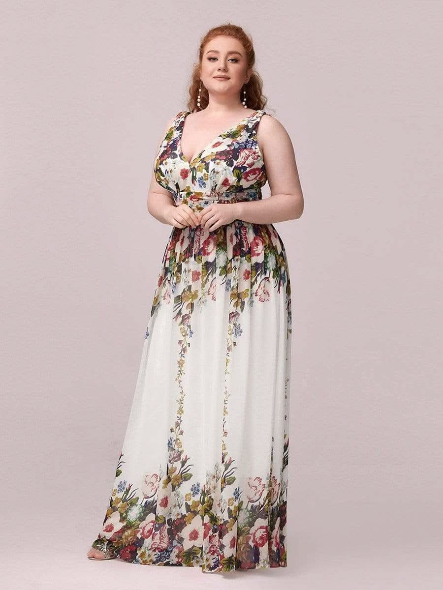 Plus Size V-Ausschnitt Lange Chiffon Abendkleider 09016 #farbe_Cream Drucken