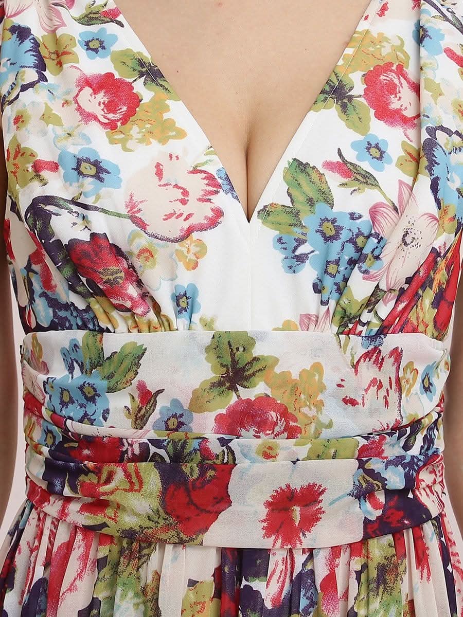 Damen V-Ausschnitt Lange Chiffon Abendkleider Festkleider 09016 #farbe_Cream Drucken