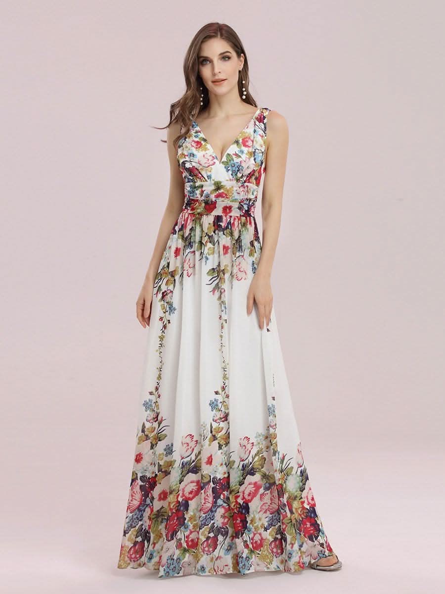 Damen V-Ausschnitt Lange Chiffon Abendkleider Festkleider 09016 #farbe_Cream Drucken