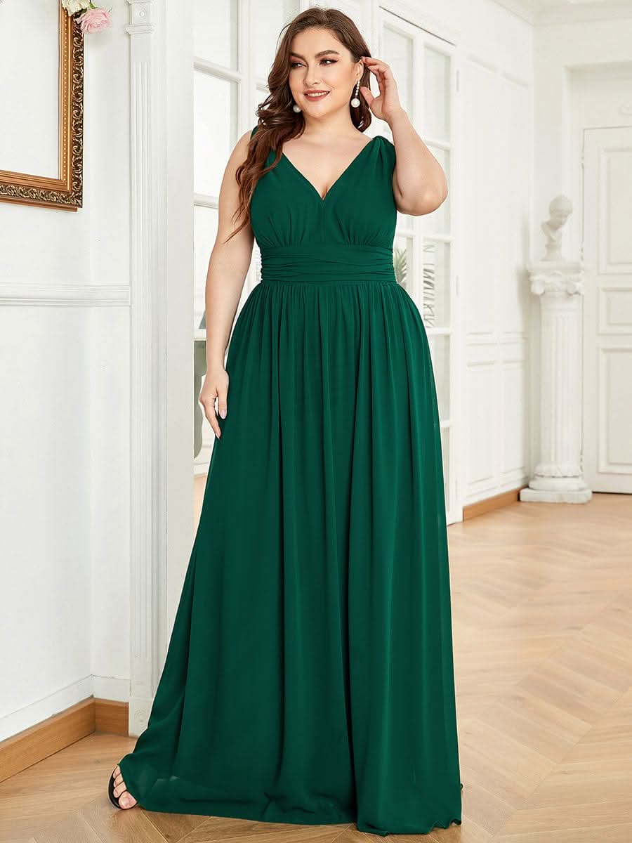 Plus Size V-Ausschnitt Lange Chiffon Abendkleider 09016 #farbe_Dunkel Gruen