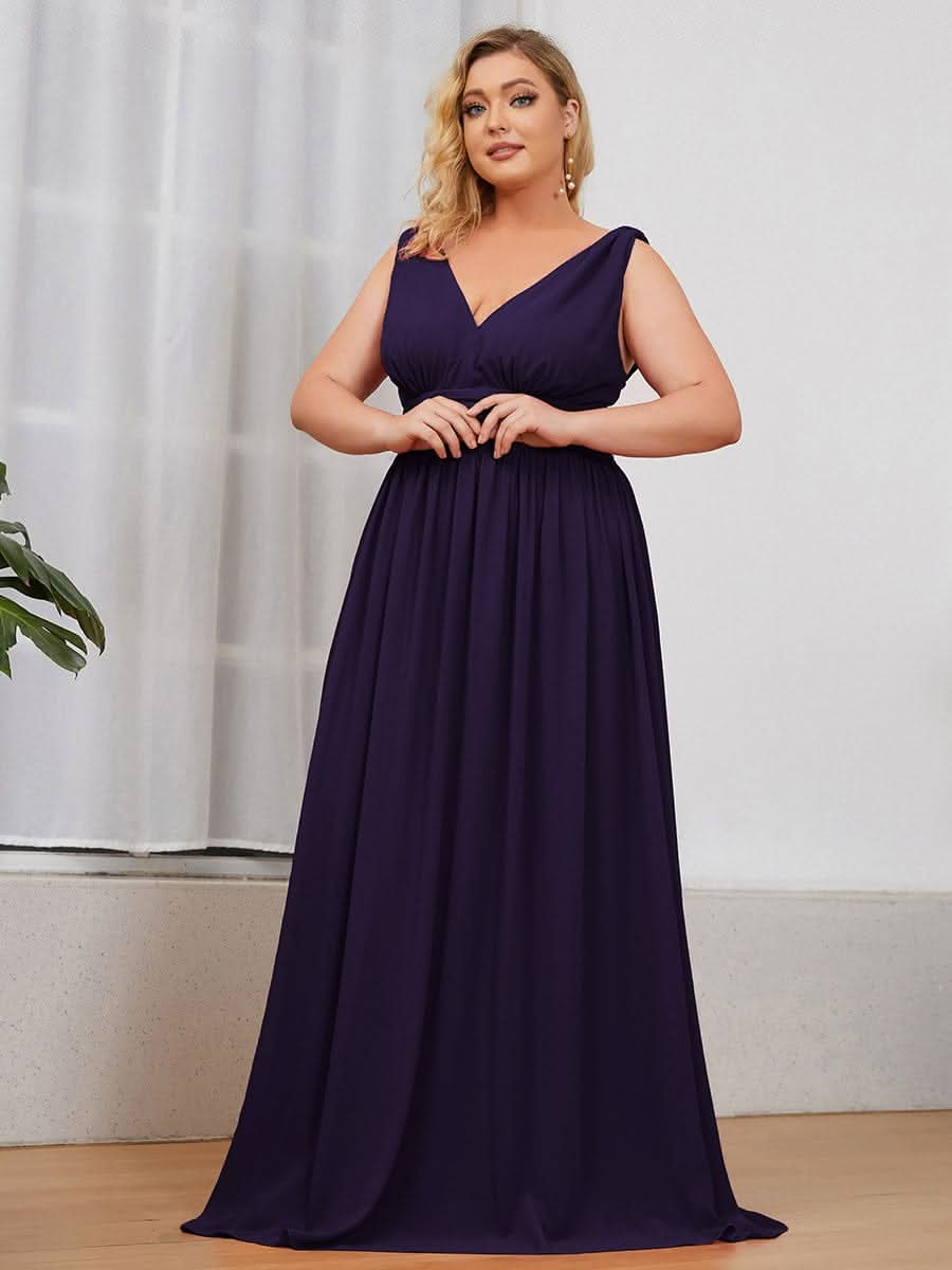 Plus Size V-Ausschnitt Lange Chiffon Abendkleider 09016 #farbe_Dunkel Violett