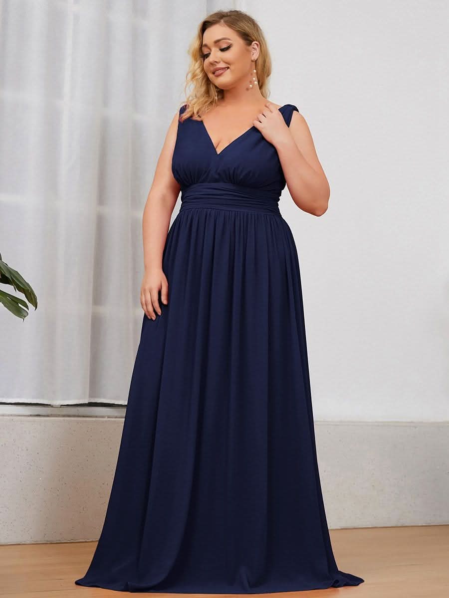 Damen V-Ausschnitt Lange Chiffon Abendkleider Festkleider 09016 #farbe_Navy Blau