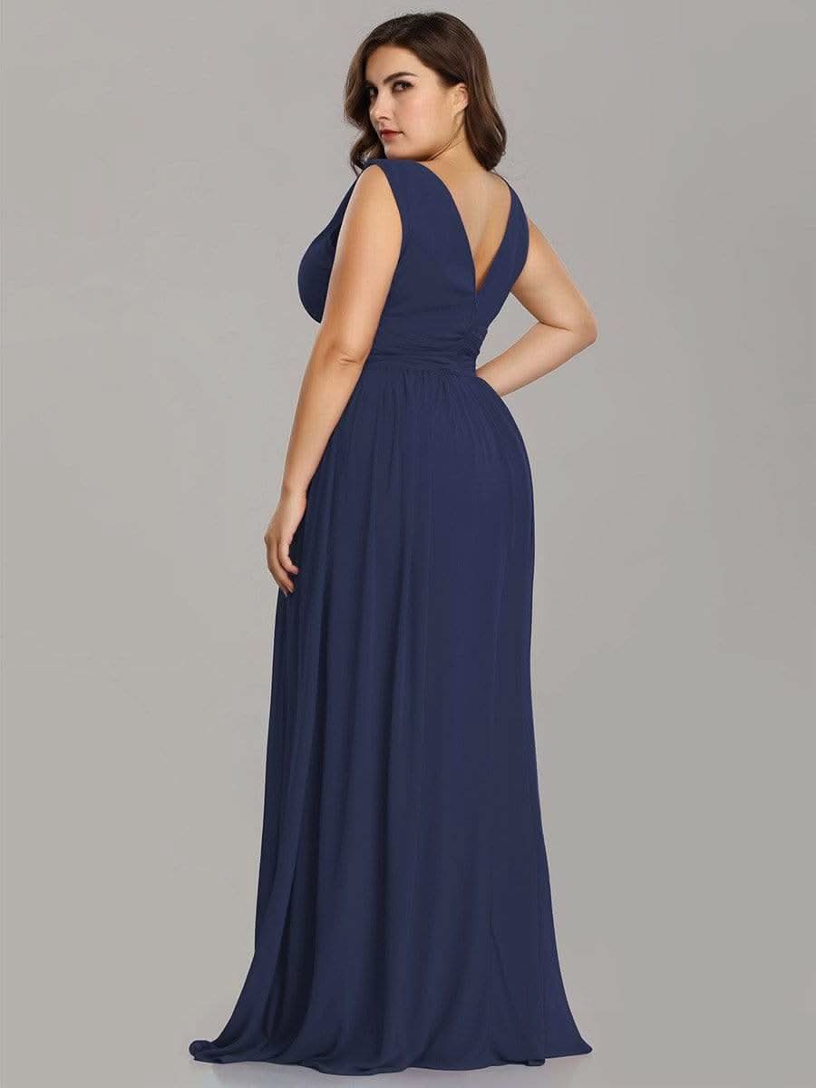 Plus Size V-Ausschnitt Lange Chiffon Abendkleider 09016 #farbe_Navy Blau