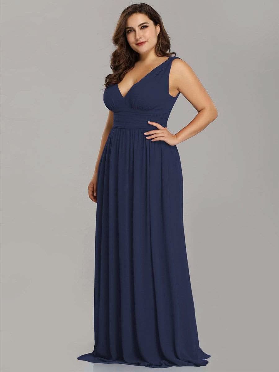 Plus Size V-Ausschnitt Lange Chiffon Abendkleider 09016 #farbe_Navy Blau