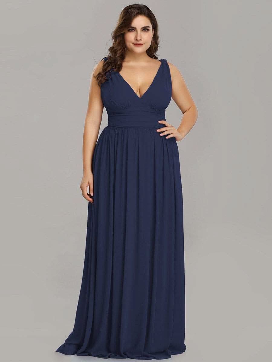Plus Size V-Ausschnitt Lange Chiffon Abendkleider 09016 #farbe_Navy Blau