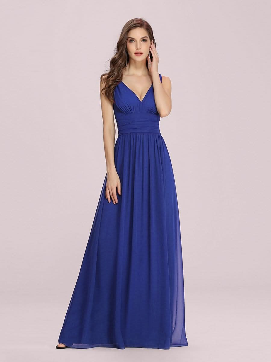 Damen V-Ausschnitt Lange Chiffon Abendkleider Festkleider 09016 #farbe_Saphirblau