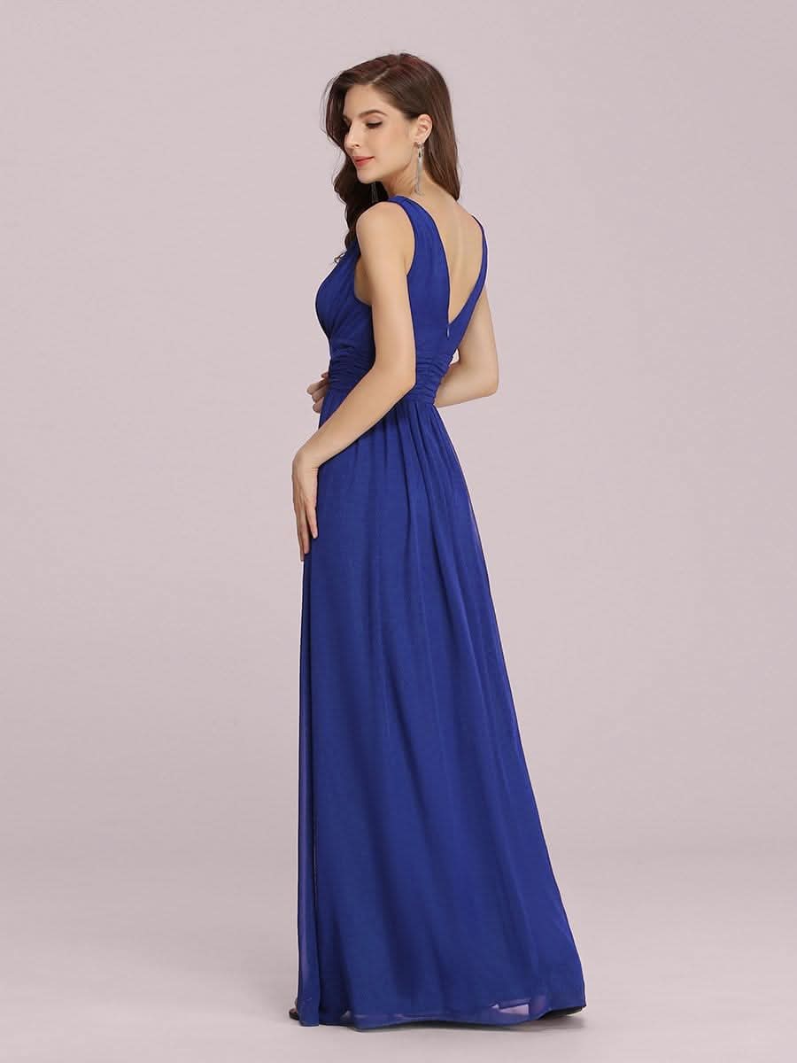 Damen V-Ausschnitt Lange Chiffon Abendkleider Festkleider 09016 #farbe_Saphirblau