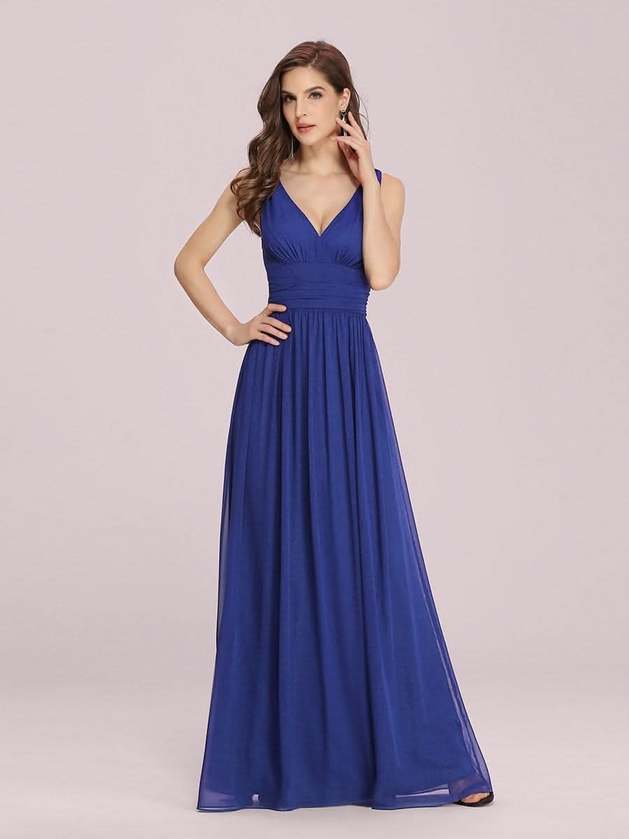 Damen V-Ausschnitt Lange Chiffon Abendkleider Festkleider 09016 #farbe_Saphirblau