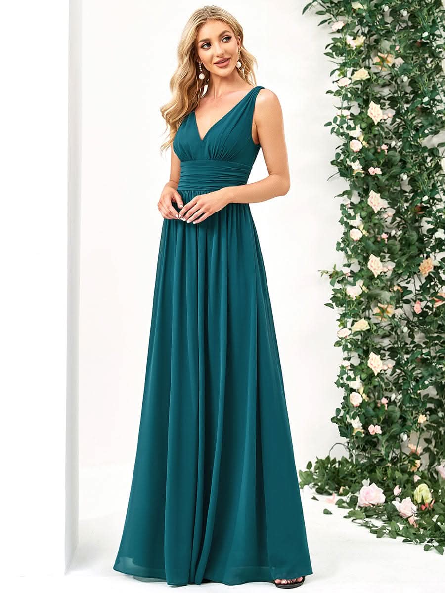 Damen V-Ausschnitt Lange Chiffon Abendkleider Festkleider 09016 #farbe_Teal