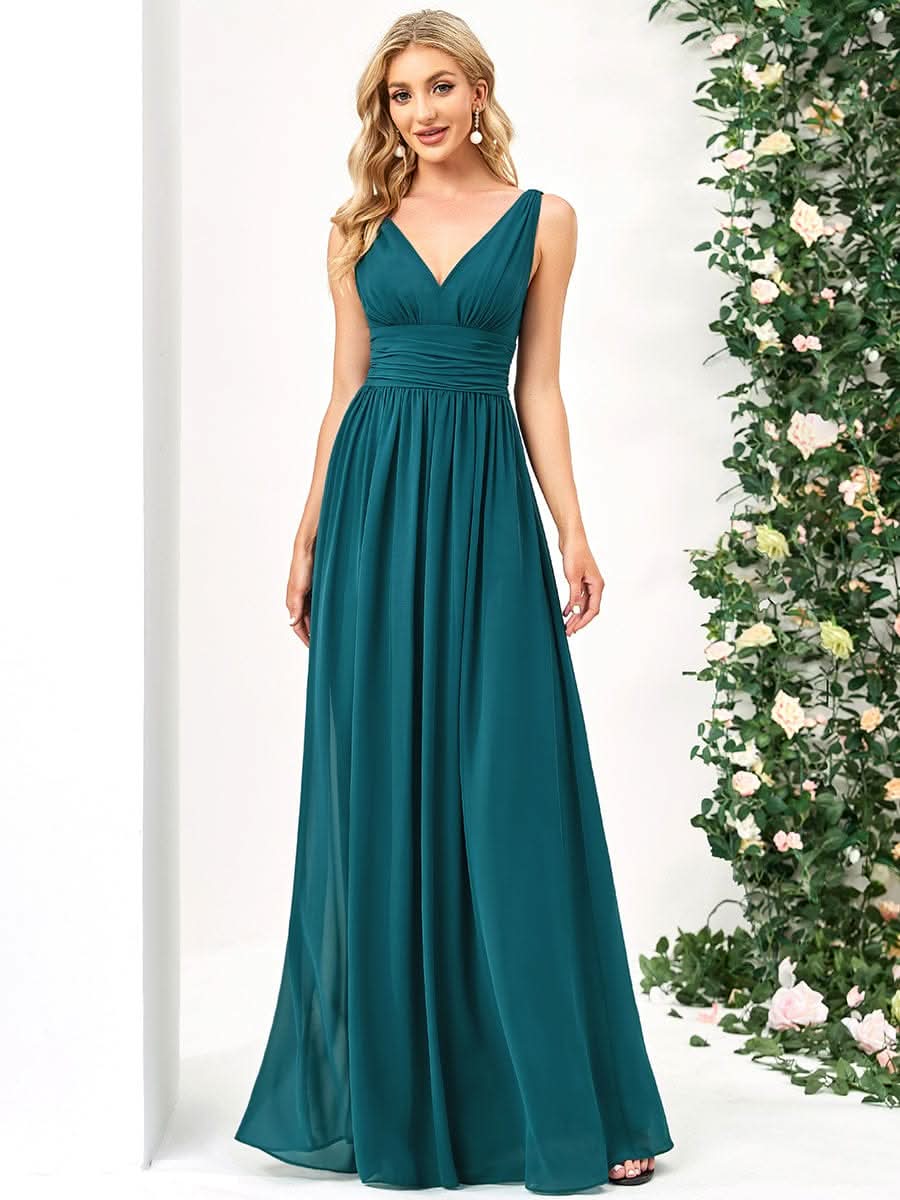 Damen V-Ausschnitt Lange Chiffon Abendkleider Festkleider 09016 #farbe_Teal