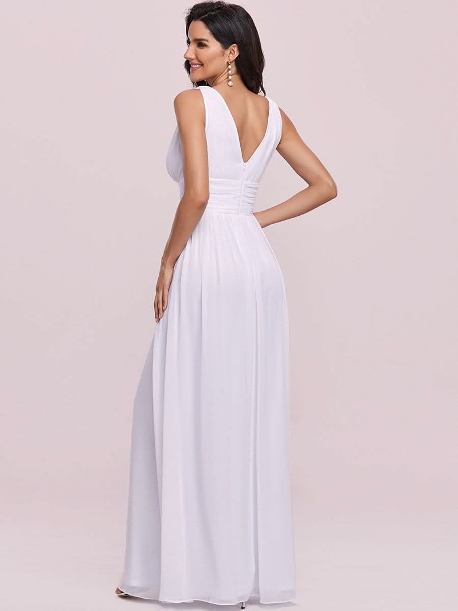 Damen V-Ausschnitt Lange Chiffon Abendkleider Festkleider 09016 #farbe_Weiss