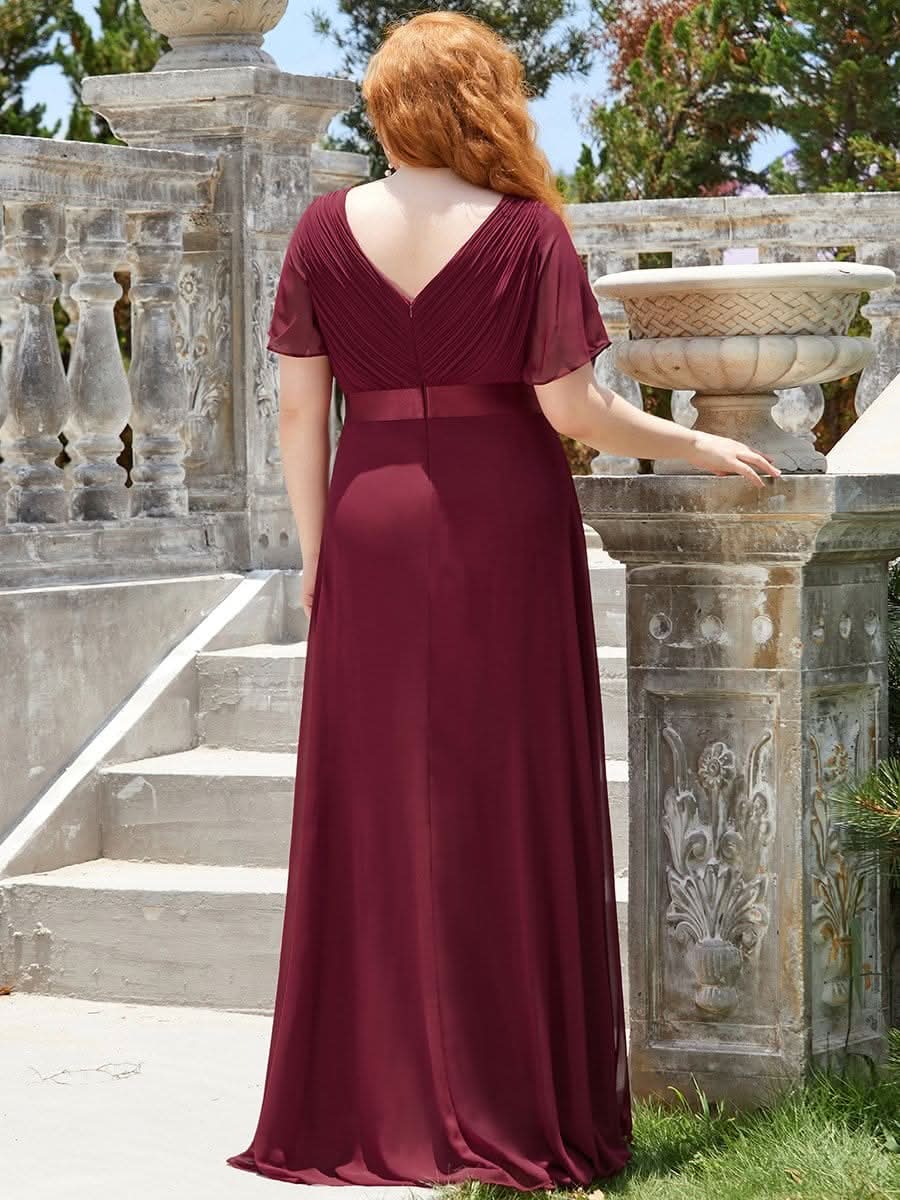 V-Ausschnitt Empire-Taille Lange Chiffon Hochzeitsgast Kleider Große Größen #Farbe_Burgundy
