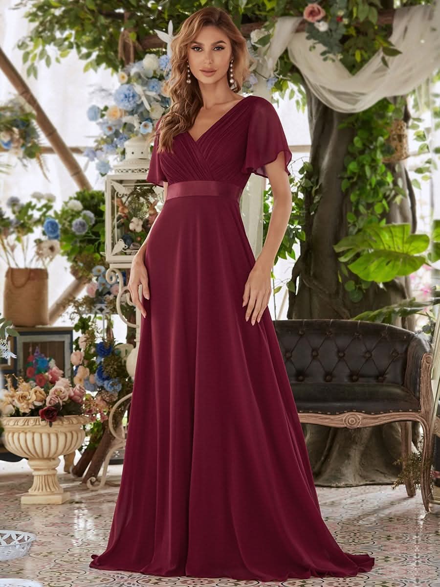 Damen V-Ausschnitt Lange Chiffon Abendkleider mit Schleppe #Farbe_Burgundy