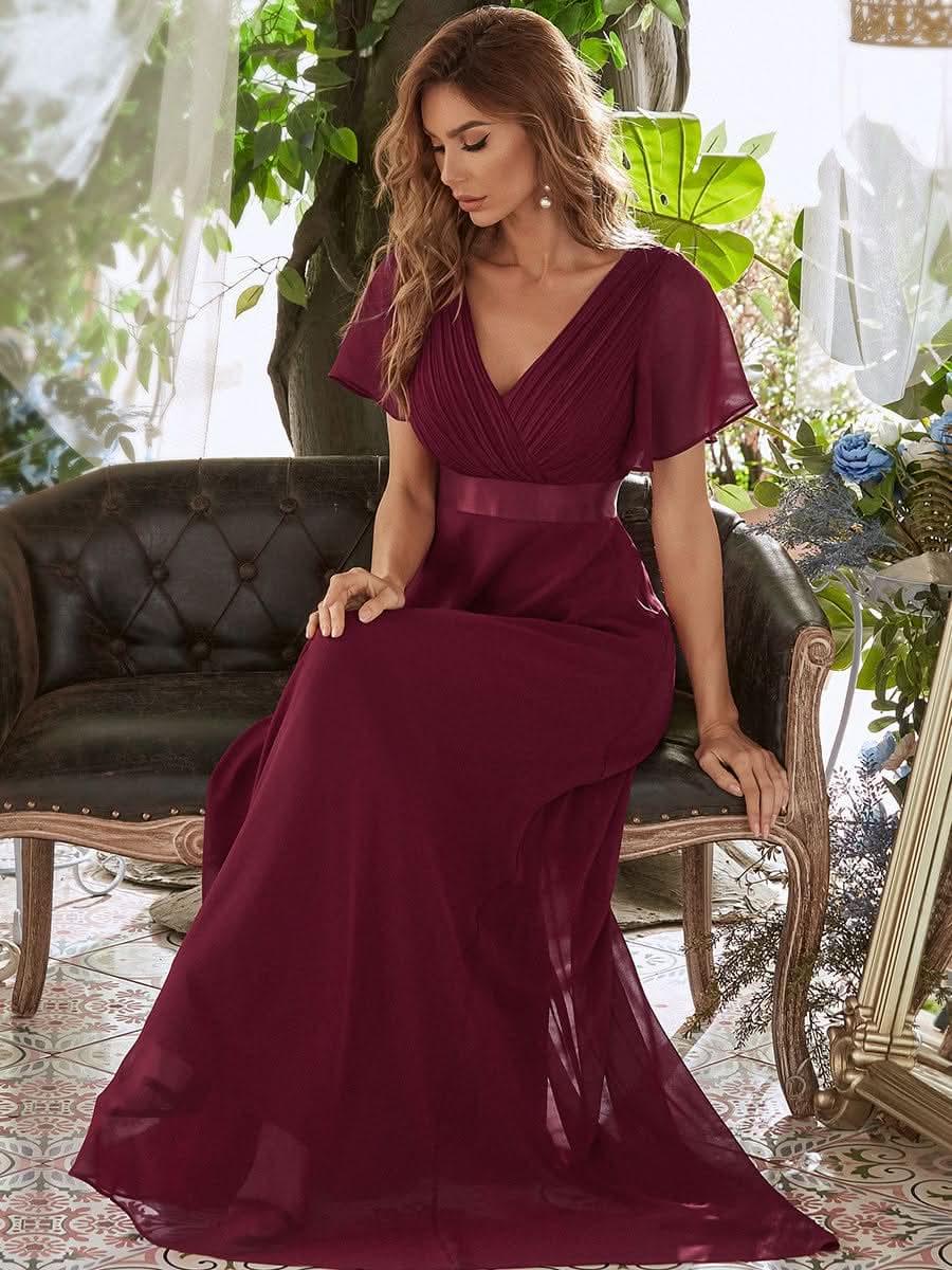 Größe Nach Maß Damen V-Ausschnitt Lange Chiffon Abendkleider mit Schleppe 09890