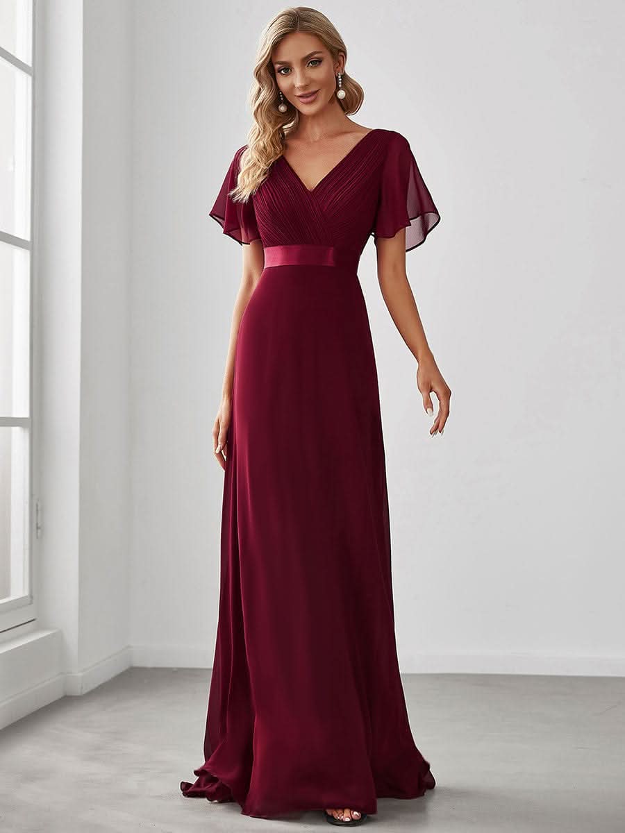 Damen V-Ausschnitt Lange Chiffon Abendkleider mit Schleppe #Farbe_Burgundy Damen V-Ausschnitt Lange Chiffon Abendkleider mit Schleppe #Farbe_Burgundy