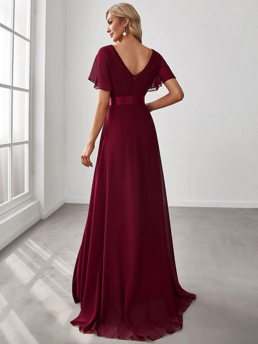 Damen V-Ausschnitt Lange Chiffon Abendkleider mit Schleppe #Farbe_Burgundy Damen V-Ausschnitt Lange Chiffon Abendkleider mit Schleppe #Farbe_Burgundy