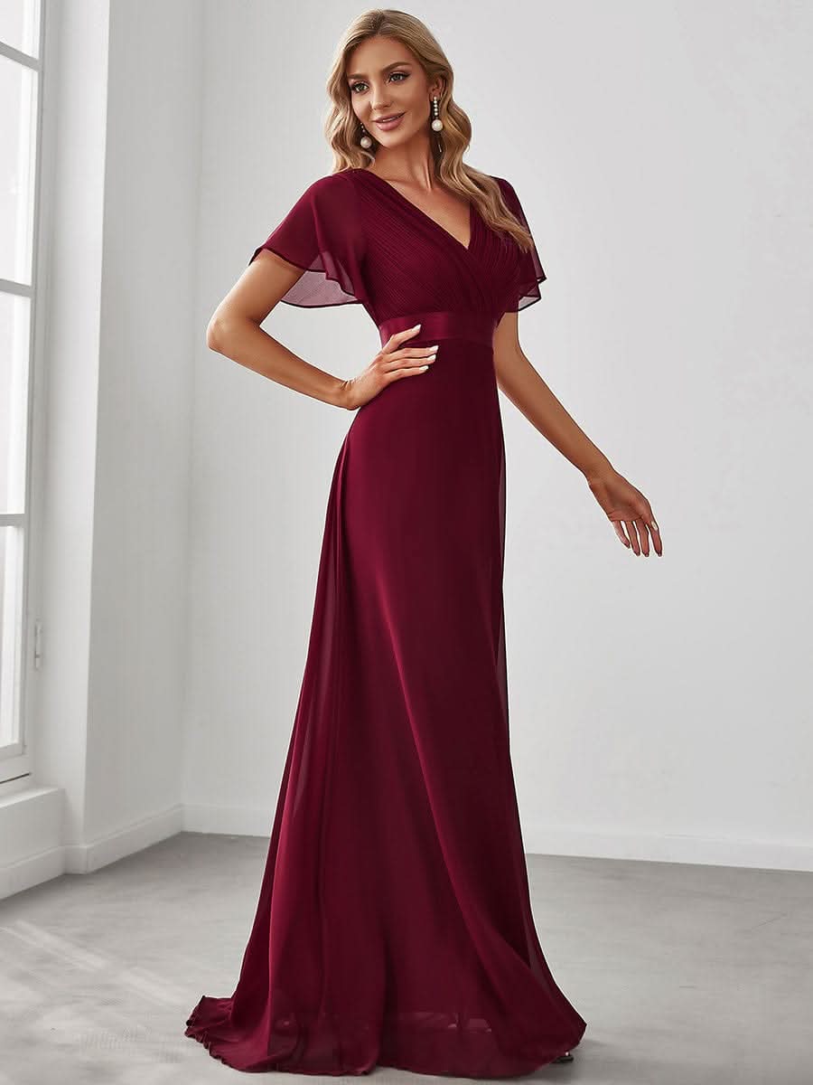 Damen V-Ausschnitt Lange Chiffon Abendkleider mit Schleppe #Farbe_Burgundy Damen V-Ausschnitt Lange Chiffon Abendkleider mit Schleppe #Farbe_Burgundy