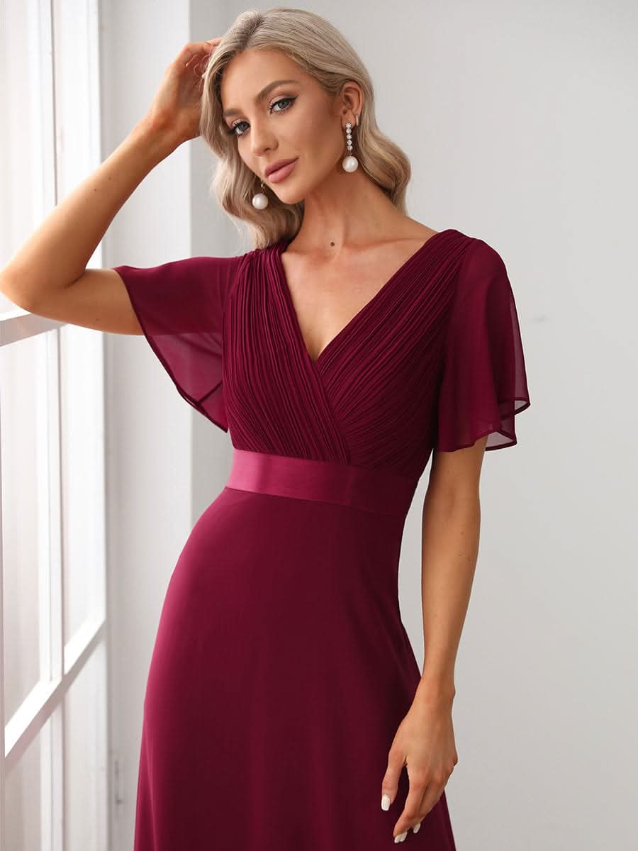 Damen V-Ausschnitt Lange Chiffon Abendkleider mit Schleppe #Farbe_Burgundy Damen V-Ausschnitt Lange Chiffon Abendkleider mit Schleppe #Farbe_Burgundy
